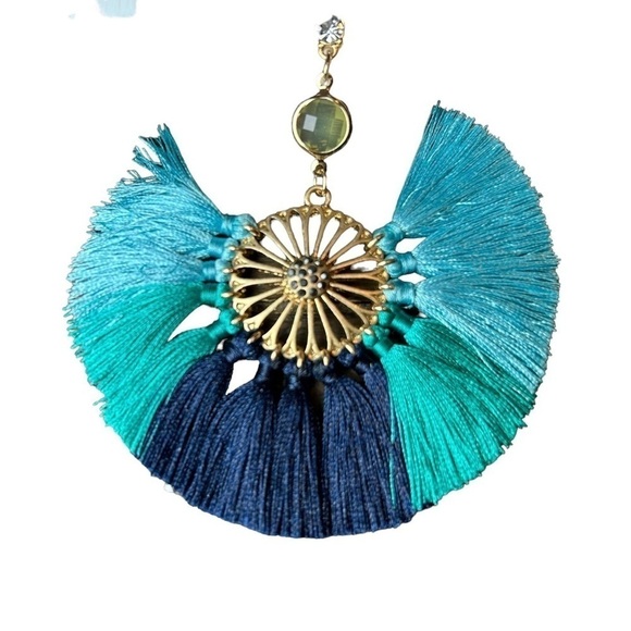 Statement Earrings From Express Boho Tropical Bold Gold & Shades of Blue Fringe - Picture 12 of 13
